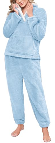 CMTOP Pyjama Femme Hiver Ensembles de Pyjama en Polaire Vêtements de Nuit Chaud et Doux Rembourré Ensemble Sleepwear Combinaison Pyjama à Revers Confortable et Moelleux avec Poches(Bleu,XL)