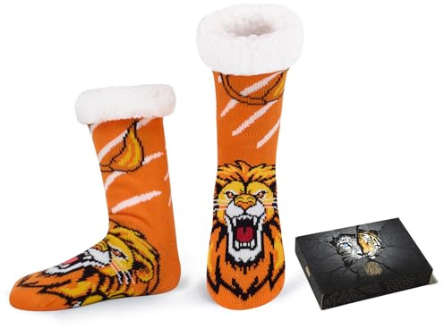 HERYEBING Chaussettes Chaussons Homme Chaudes Antidérapantes avec Boîte Cadeau, Taille 39-46, Confort Doux en Polaire pour Hiver Thermiques Intérieur Domicile, Cadeaux Noel,Lion