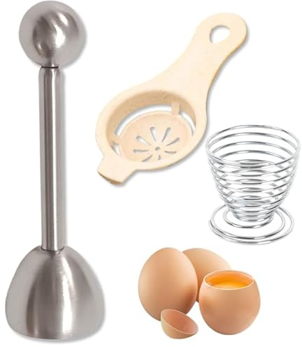 3 Pcs Egg Topper Set with Egg White Separator and Holder, Stainless Steel Shell Opener Cracker for Soft Hard Boiled Use