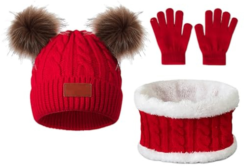 AWAVM 3 en 1 Ensemble Bonnet-Echarpe-Gants Enfant Hiver,Bonnet Enfant Hiver avec Pompon,Tricoté Tour de Chaud Gants,Ensemble d’Hiver pour Fille et Garçon 2-6Ans (Rouge2)