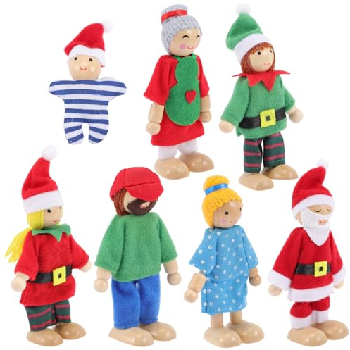 ZUNOXAZ Set 7 Pezzi Bambole Famiglia in Legno Articolazioni Mobili, Giocattolo di Finzione per Giochi di Ruolo e Sviluppo Creativo