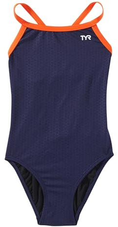 TYR Girlsâ Hexa Diamondfit Swimsuit, Navy/Orange, 22