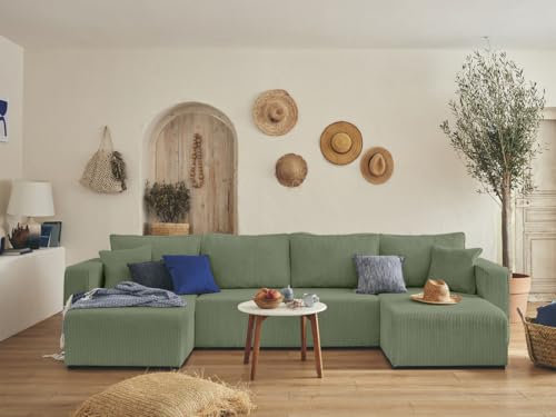 Topaze - 7-Sitzer wohnlandschaft U-Form - schlaffunktion und Bettkasten - Cord Salbeigrün