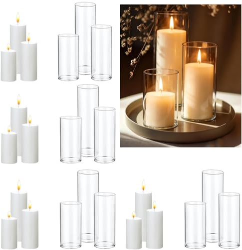 UDU 24 PCS White Pillar Candles with Glass Cylinder Vases Hurricane Glass Candle Holders for Pillar Candles Cylinder Vases for Centerpieces Wedding Table Party Home Decor
