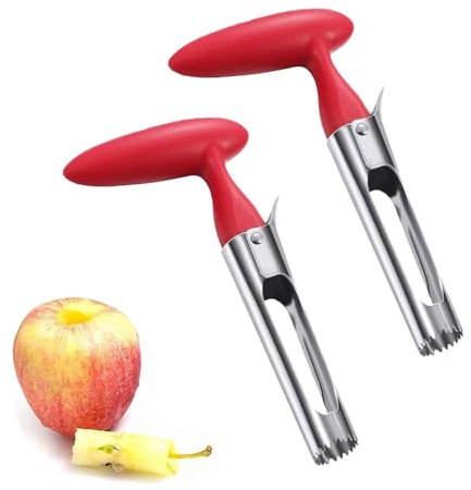 Estrattore di torsolo di mele, strumento per rimuovere il torsolo di mele o pere in acciaio inossidabile per casa e cucina con manico ad angolo con lama seghettata affilata, confezione da 2 (Rosso)