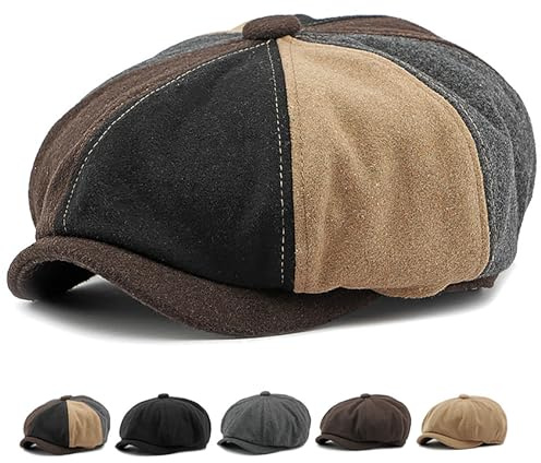Xinveen Men's 8 Panel Newsboy Cap Vintage Tweed Cap Herringbone Cabbie Flat Cap Color-Blocking