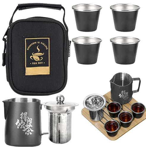Juego de té de viaje con funda, juego de y tazas de acero inoxidable, juego de ceremonia de té, té Kung Fu y bolsa de viaje para viajes, hogar, mochileros, camping