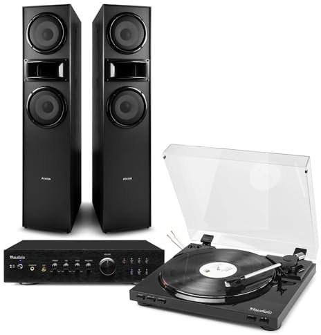 Audizio RP310 Black Record Player with Speaker Tower Pair & Amplifier, Vinyl Turntable HiFi System, Bluetooth, Bass Reflex, MP3 Recording, TV Input, 2x 6.5 Floor Standing Speakers - Tower hifi system