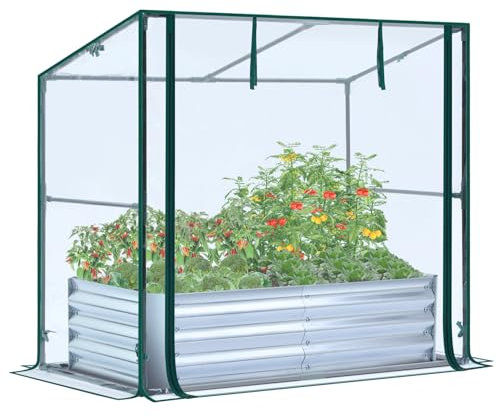 Ohuhu 3 in 1 Hochbeet Metall mit Gewächshaus Frühbeet & PVC Foliengewächshaus, Hochbeet Frühbeet mit Tomatenhaus Kräuterbeet mit Stahlrahmen Blumenkasten für Garten 120×60×30 cm