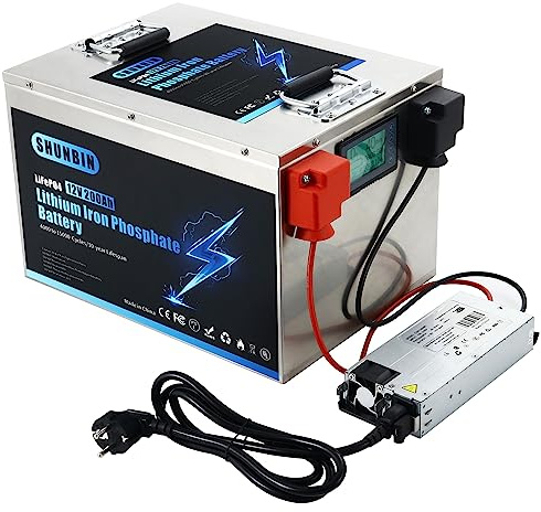SHUNBIN Lifepo4 Batteria 12V 200Ah 2560Wh Batteria al litio ferro fosfato Con caricabatterie Durata del ciclo 15000+ per Camper Solare Marine Rasaerba Sistemi Off-grid Fotovoltaico