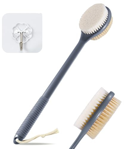 VANZAVANZU 43 cm ryggskrubbare för dusch, halkfritt långt handtag duschborste med mjuka och styva borst, exfolierande badborste för våt eller torr borstning (grå)