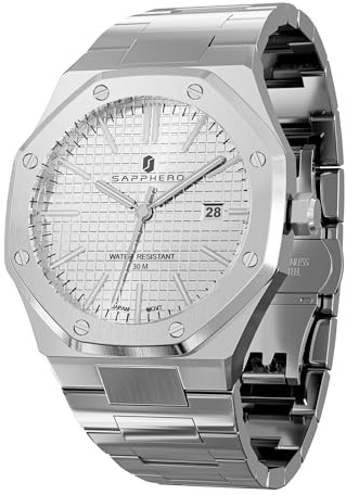 SAPPHERO Reloj Hombre Analógico Elegante | Movimiento Cuarzo Función Luminosa Indicador de Fecha | Reloj de Moda Plata Oro para Hombre de Negocios y Uso Diario