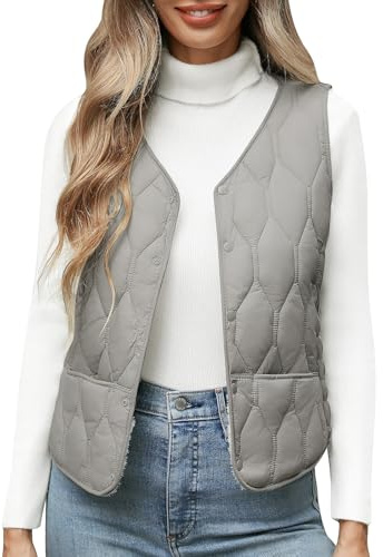 Yuson Girl Gilet Sans Manche Femme Courts Chaud Gilet en Polaire Col en V Couleur Unie Gilets Matelassé Doux Légère Veste Sans Manches Automne Hiver avec Boutons(Gris, M)