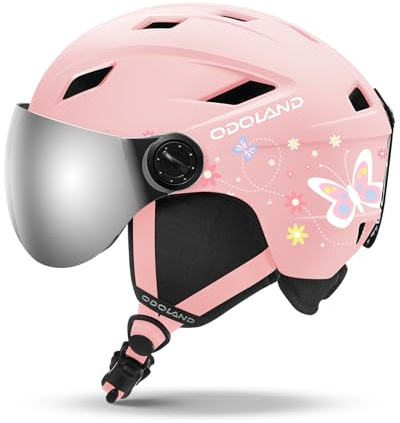 Odoland Casco da Sci per Bambini con Visiera per Ragazzi e Ragazze, Casco da Sci Regolabile con Cinturino con Fibbia Magnetica per Bambini dai 3 ai 12 Anni PS
