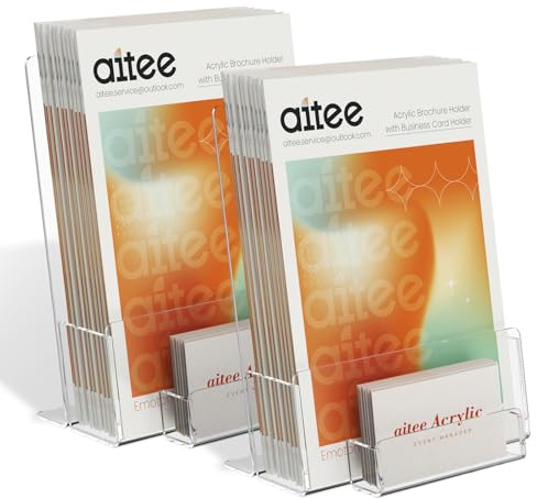 AITEE A5 Clear Leaflet Holder: Acrylic Brochure Dispenser with Business Card Holder Freestanding Booklet Flyer Stand for Counter Office Restaurant Reception - 2 Pack