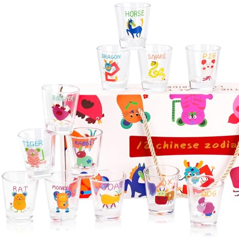 Mulaibdin 12 Pièces Verre a Shot Original, Verre Shooter 50ml, Petit Verres a Rhum Degustation, Verres Digestif avec Motifs Animaux, Gobelet Verree a Eau pour Liqueur,Vodka, Whisky,Soju,Fête,Cadeau