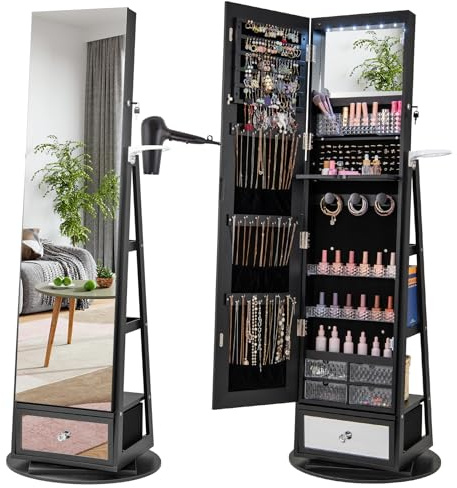 COSTWAY Smyckesskåp, roterbart 360°, spegelskåp med helkroppsspegel, LED-lampor och låda och hårtorkshållare, smyckeshylla, låsbar, stående spegel för smycken (svart)