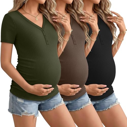 Velvelhall 3 Pack Womens Maternity Shirts Short Sleeve Cotton Ribbed V Neck Pregnancy Clothes Henley Side Ruched Casual Tees(Army Green, Coffee, Black,Medium)