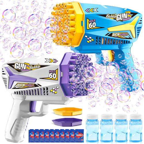 GMUFTIR Sparabolle di Sapone, 2 Pieces Macchina Automatica per Bolle, 200ml Liquido Incluso, 10 Confezioni di Liquido per Bolle, Pistola Bolle di Sapone per Feste Compleanno All'aperto Matrimoni