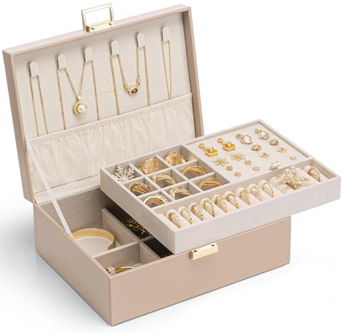 VLANDO Jewellery Box, 2-Layer Jewellery Organiser with Removable Tray