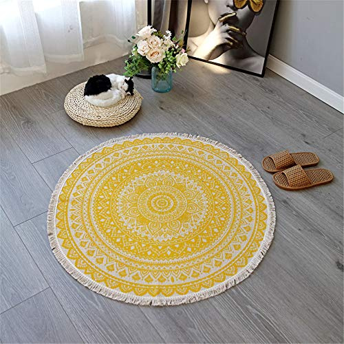 Morbuy Alfombras redondas de algodón con borlas, tejida a mano, elegante, bohemia, mandala impresa, alfombra de algodón, lavable a máquina, ideal para salón, dormitorio, etc. (92 cm, amarillo)