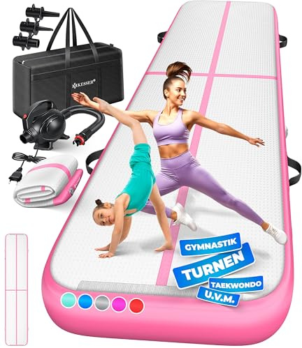 KESSER® Tapis de gymnastique | Tapis de fitness gonflable Airtrack | Tapis de gymnastique 3/4/5/6 m | Sac de transport et batterie électrique fournis Pompe à air, Rosa, 500 x 100 x 10 cm