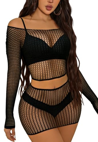Buitifo Lingerie da Donna a Rete Mini Abito Camicia da Notte Sexy Biancheria Intima Bodysuit Pigiama Set(Nero 19,Taglia Unica)