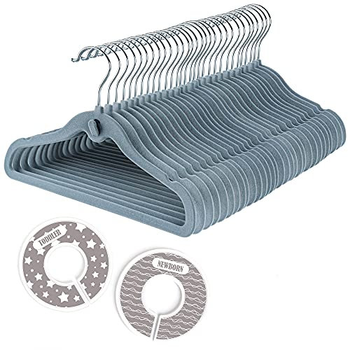 Hengsong Samt Baby Kleiderbügel 38er-Set, 30 Stück kleiderbügel und 8 Stück Baby Größentrenner, Kinderbügel mit Extra-Haken, rutschfest, platzsparend, für Kleiderschrank Schrank Kleidung, Grau