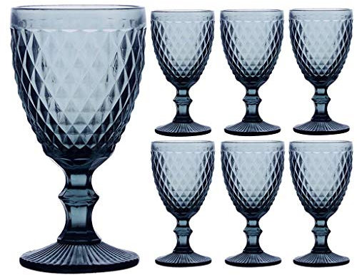 Dibor Set of 6 Wine Glasses Blue Diamond Embossed Dishwasher Safe 270ml Wine Glass Goblets