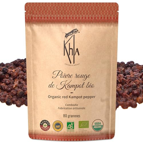 Khla - Poivre Rouge de Kampot Certifié Bio 80 g - Sachet Poivre en Grains Biologique - Grand Cru, Doux & Fruité - Ingrédient Cuisine Épice - Direct Producteur - Production limitée - Origine Cambodge