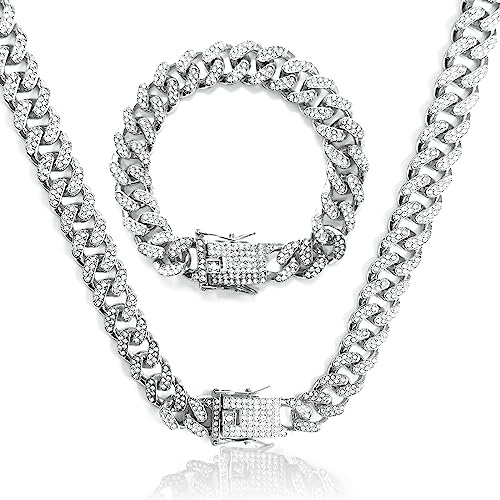 GoPaw 12 MM Cuban Link Chain Iced Out for Men, 50/55/60cm Men's Miami Cuban Link Chain Gold Silver Links Choker Necklace Bracelet, Unisex Hip Hop Jewelry Gift for Father's Day (Silver, 50)