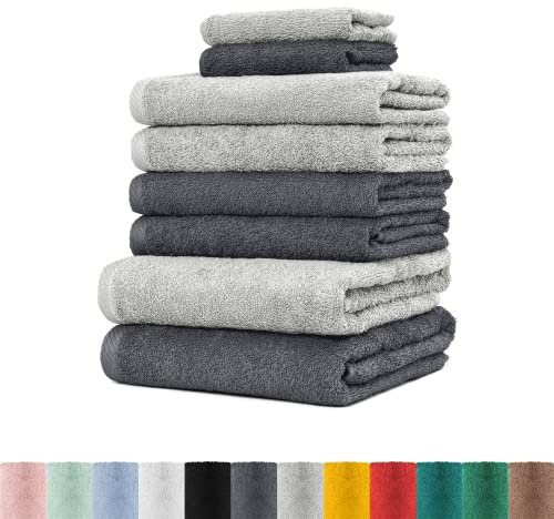 BaSaTex - 8er Pack Handtuch Komplett-Set - Frottee-Handtücher mit Aufhängeschlaufe 4X Handtuch, 2X Duschtuch, 2X Gästetuch - Premium Gästetücher Öko-Tex Standard 100 Zertifiziert - Anthrazit Grau