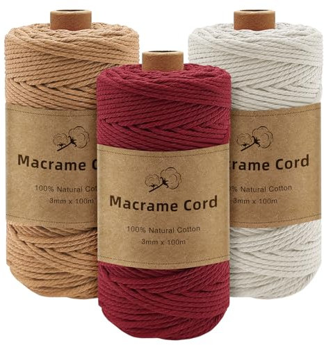 Gemtte Makramee Garn 3mm x100m, 3stk Macrame Cord Geflochten Set, Bunte Makrameegarn für Wandbehang Dekoration, Natur Baumwoll Bastelschnur zum Basteln Stricken Boho Deko