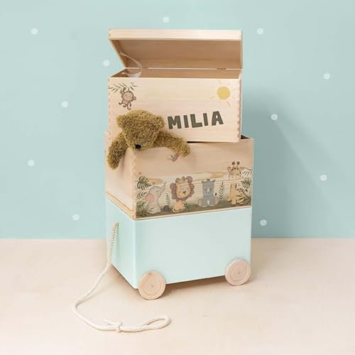 hellomini Personalisierte Spielzeugkiste aus Holz zur Aufbewahrung - Stapelkiste Holz - Spielzeugkiste Kinderzimmer - Personalisiertes Geschenk für Kinder (Safari 3er)