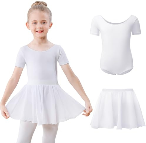 Ballettkleidung Mädchen Kurzarm Ballettkleid Baumwolle Balletttrikot Kinder Ballettanzug Ballettbody mit Chiffon Rock Tütü 3-11Jahre Weiß 140