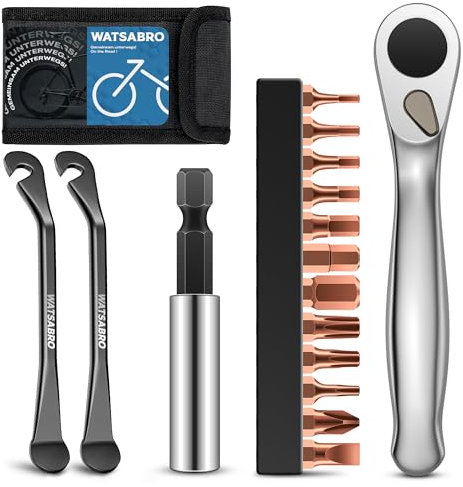 WATSABRO 1/4 Klein Ratschenschlüssel Set Fahrrad Werkzeugset Reparatursatz, Mini Ratsche mit 12 Bits, Reifenheber, magnetischer Bitverlängerung – fahrrad werkzeugset für unterwegs und zuhause