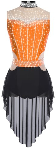 Sxiwei Robe Patinage Artistique Femme Justaucorps Gymnastique Strass sans Manches Robe Danse Contemporaine Orange XL
