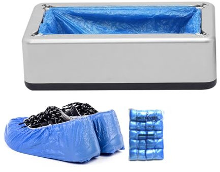 Dispenser per copriscarpe: macchina portatile automatica, comodo set di protezione delle scarpe | 100 coperture antipolvere senza slittamento con applicazione rapida, soluzione hi, argento, Consulte
