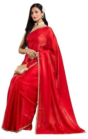 AL KASEEN Women's Chiffon Two Tone Saree (With Blouse) (Red, Free Size)