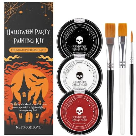 Maquillaje de Halloween - Pintura Facial y Corporal Negra Blanca Roja con Pinceles | Colores Vibrantes, Set de Maquillaje para Halloween, Escenario, Fiesta Temática, Mujeres y