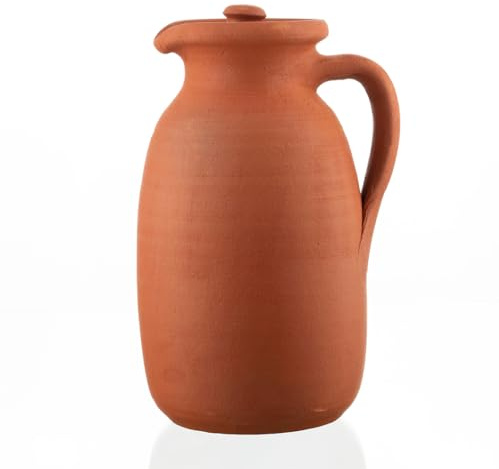 Handmade Natural Clay Terracotta Earthenware Earthen Water Pitcher Jug Pot with Lid for Drinking Drink Ayurveda Healthy Unglazed Pottery Style Indian Mud Kitchen Farmhouse Bottle Mexican Bohemian
