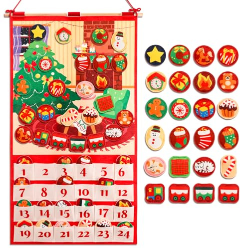 DPKOW Calendrier de l'Avent 2026 de Noël en Feutre avec 24 Poches et un Poteau, Calendrier de l'Avent à Remplir avec 24 Deco Noel Rembourrées en Velcro, Cadeaux de Décorations de Noël pour le Salon