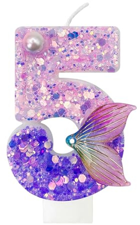 Candela di compleanno a forma di sirena, numero 5, con glitter 3D rosa e viola. Tema sirena, per feste di compleanno per bambine, decorazione per torte. Sicura e atossica, accessorio per feste.