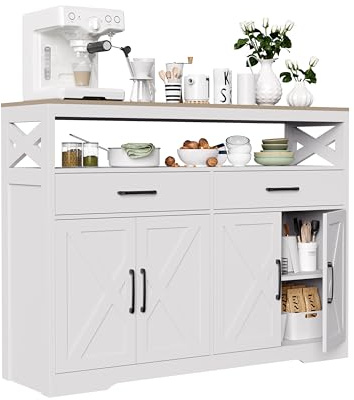 Aparador de cocina, mueble de almacenamiento con 2 cajones y 4 puertas, estante ajustable, aparador comedor para cocina, salón, 140 x 40 x 105 cm, blanco (4 puertas)