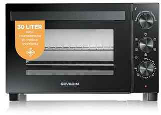 Severin Back- und Toastofen mit Umluftfunktion, inkl. Drehspieß für Fleisch, vielseitiger Heißluftofen mit 30 L Kapazität, Aufbackofen, 100-230 °C, Timer 120 Min., 1600 W, schwarz, TO 9020