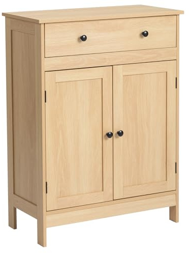 Bonnlo Bathroom Floor Storage Cabinets Free Standing, Unit & Cupboard with 1 Drawer, Adjustable Shelf, 30x60x80 cm, Wooden Cabinet for Living Room Kitchen Hallway, Natural Oak