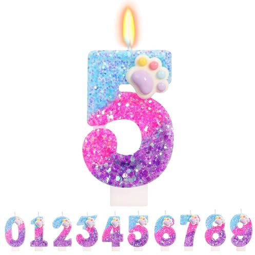 TESGADGETS Velas de cumpleaños con patitas adorables – Vela con el número 5, decoración para tartas con patas de gato y perro, decoraciones de estilo caricatura para el quinto cumpleaños de niños y