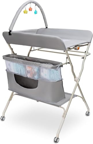 Mesa for cambiar pañales con ruedas – Unidad de altura ajustable de 5 niveles con estantes de almacenamiento – Estación, ergonómica y respetuosa con la espalda for recién nacidos