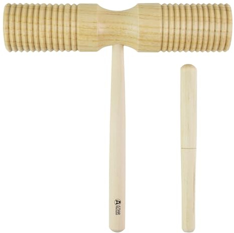 A-Star Two Tone Wood Block Guiro Scraper with Wooden Beater, Percussion Rhythm Block