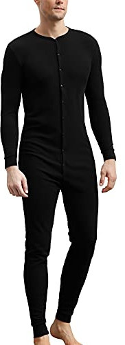 COLORFULLEAF Herren Baumwolle Thermounterwäsche Union Suits Henley Onesies Base Layer, Schwarz, Large
